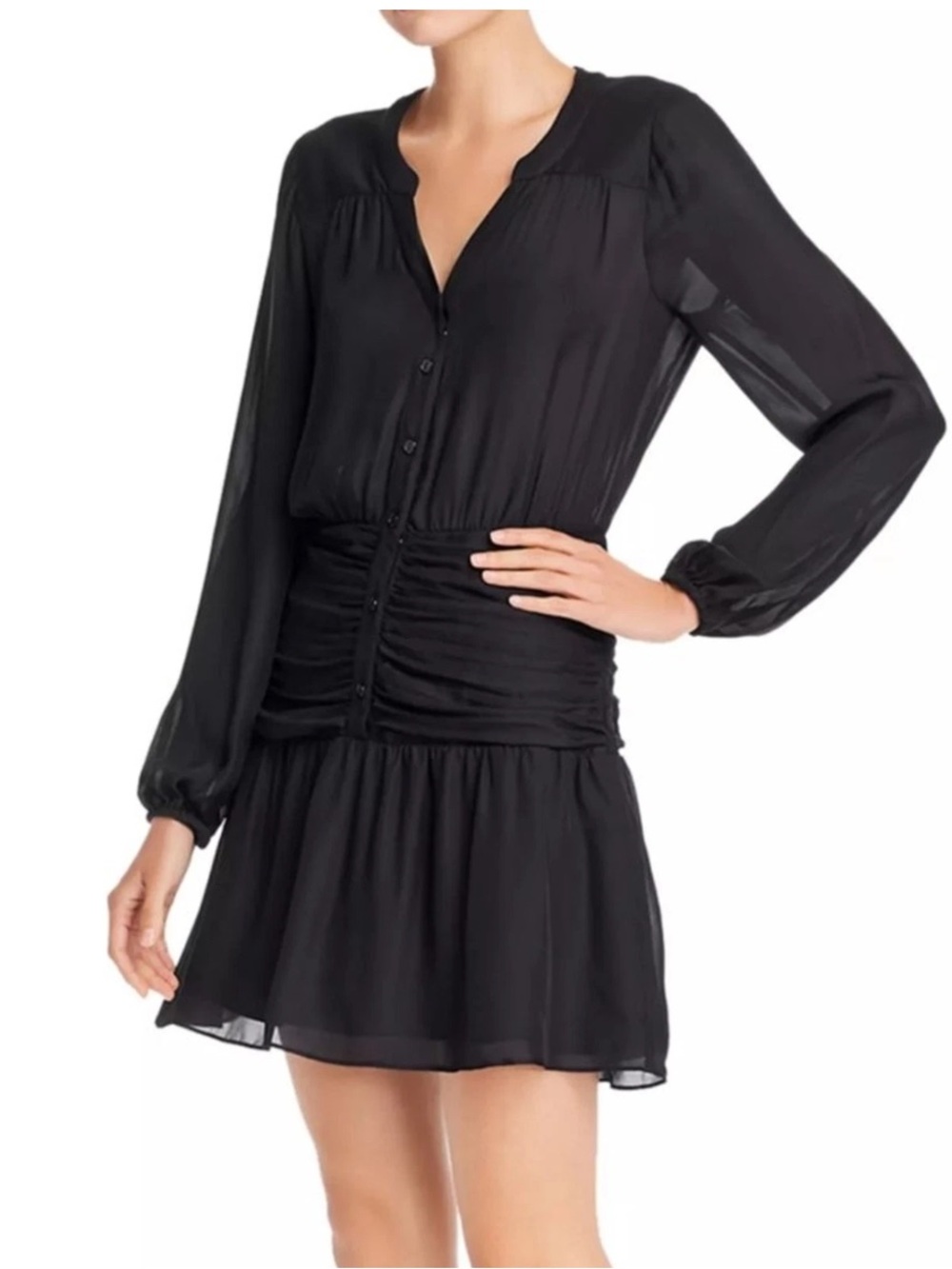 Parker Women's Zee Long Sleeve Ruched Waist Black Silk Blend Dress